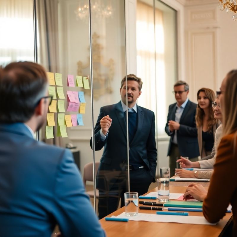 Workshop change managementu se sticky notes na skleněné stěně